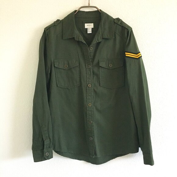 Forever 21 Womens L Military Shirt Button Up Embroidered Patch Cotton Green - Picture 1 of 12